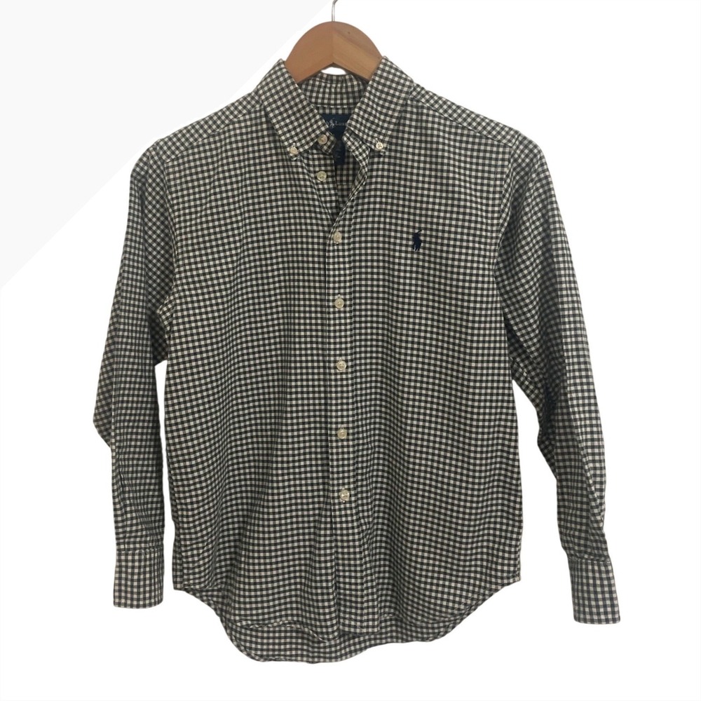 Ralph Lauren Men Medium Gingham Button Down Shirt Green White Long Sleeve Cotton